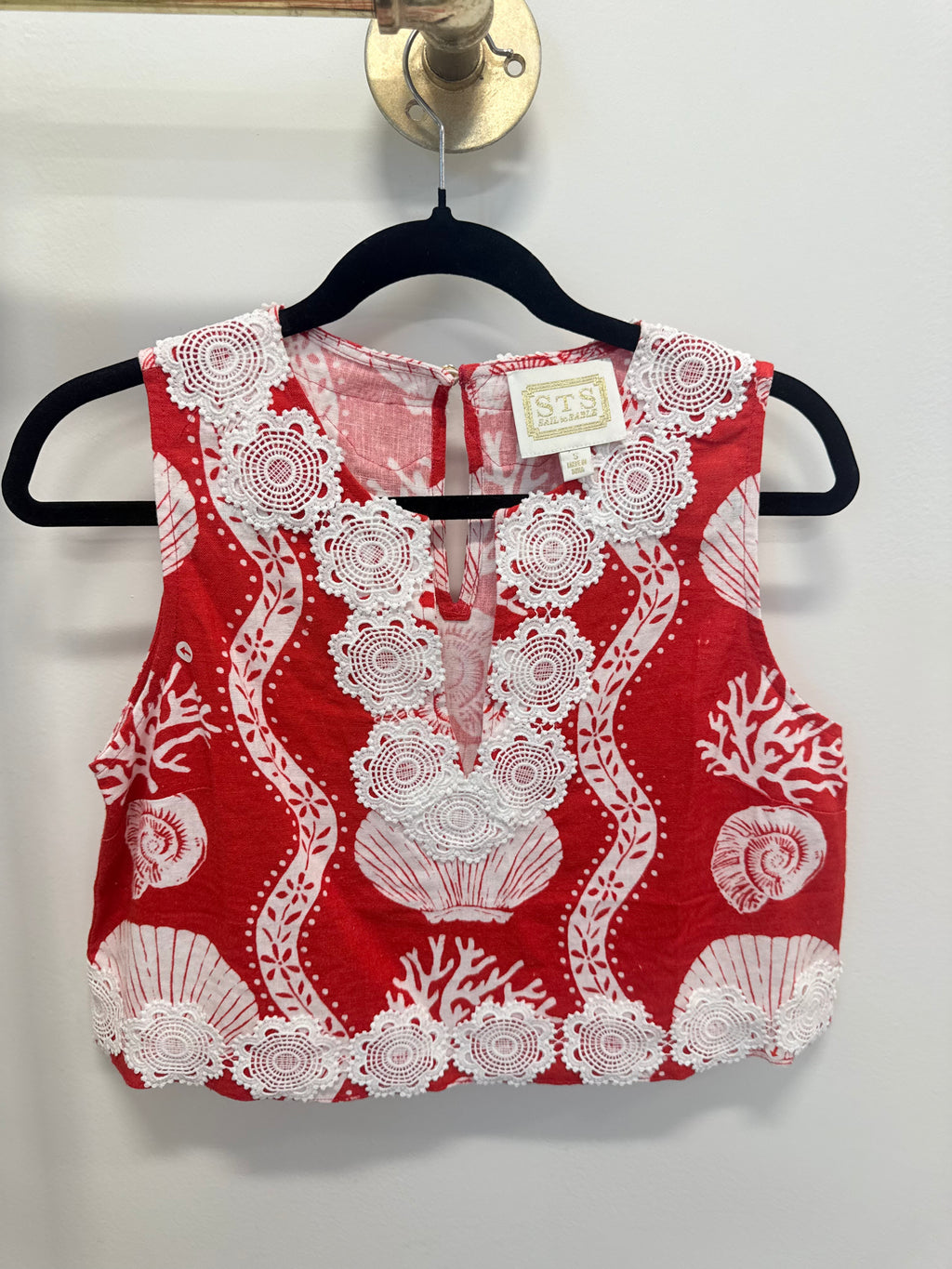 Sample Red Seashell Sleeveless Top with White Detailing (S)