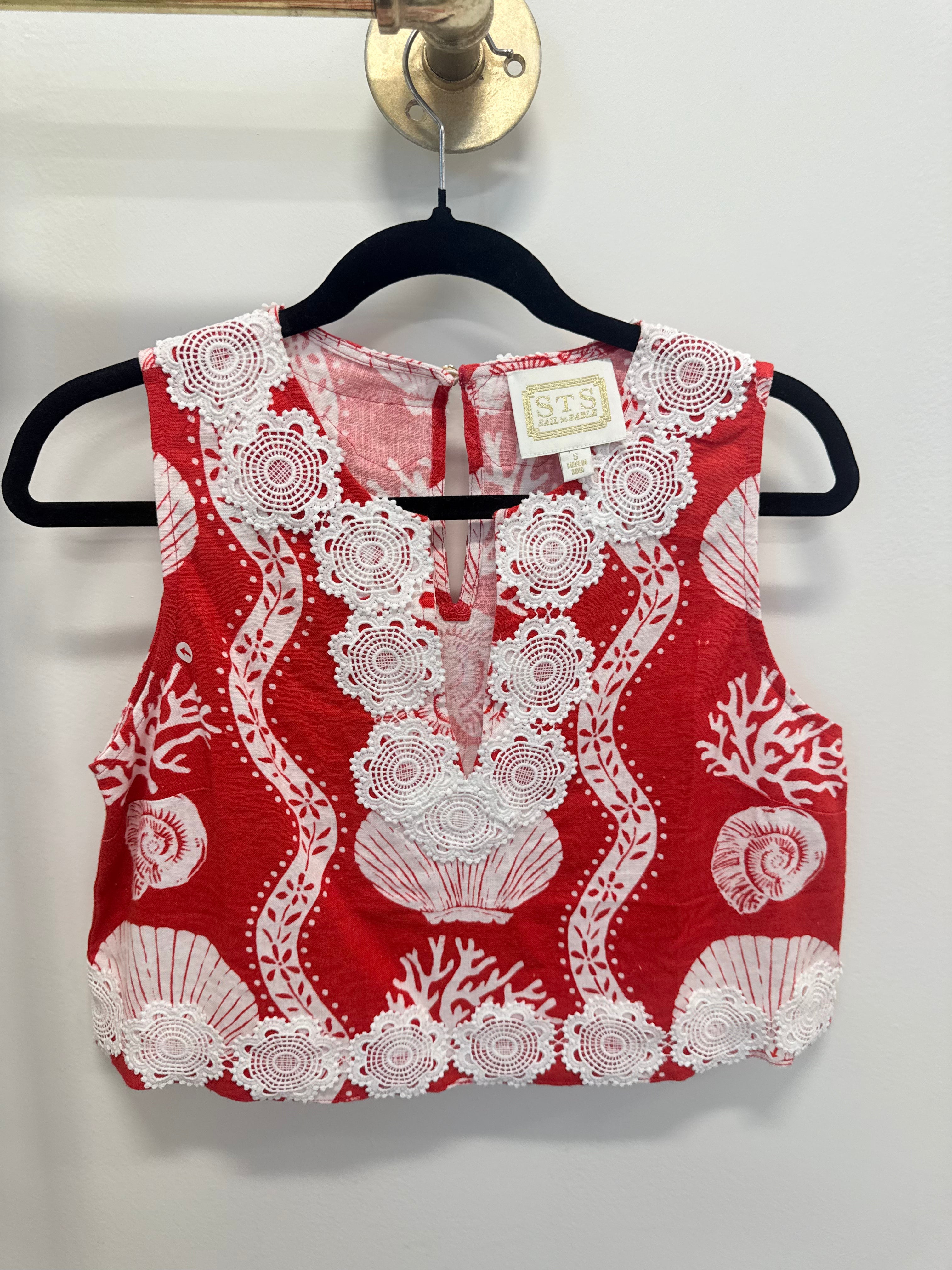 Sample Red Seashell Sleeveless Top with White Detailing (S)
