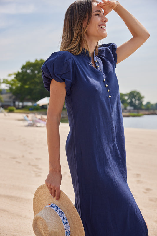 Sail to Sable Navy Linen Puff Sleeve Dress