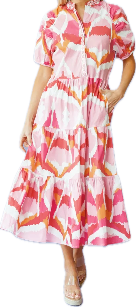 Sheridan French Kimbell Dress in Flamingo Watercolor Ikat