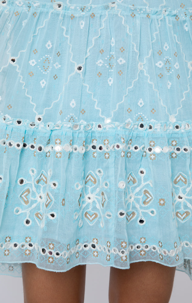 Juliet Dunn Flared Sleeve Dress w/ Mosaic Print in Aqua