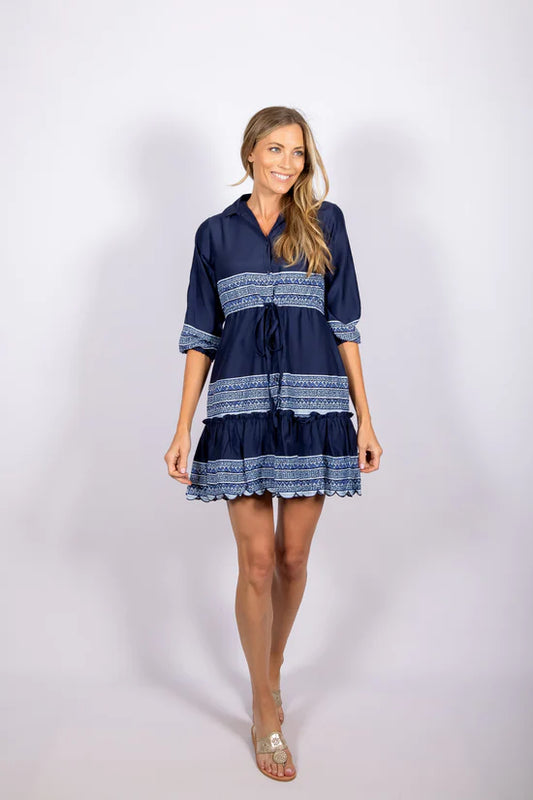 Sail to Sable Navy & Placid Tie Front Shirt Dress