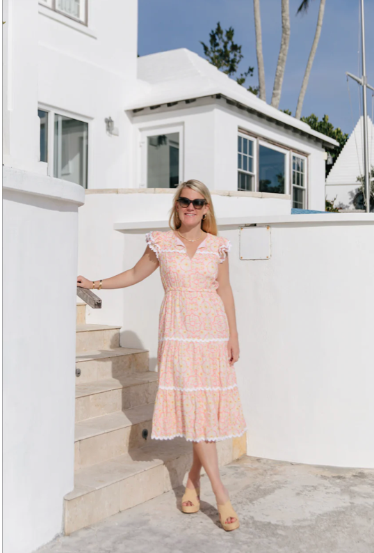 Sail to Sable Peach & Lemon Medallion Print Flutter Sleeve RicRac Mid