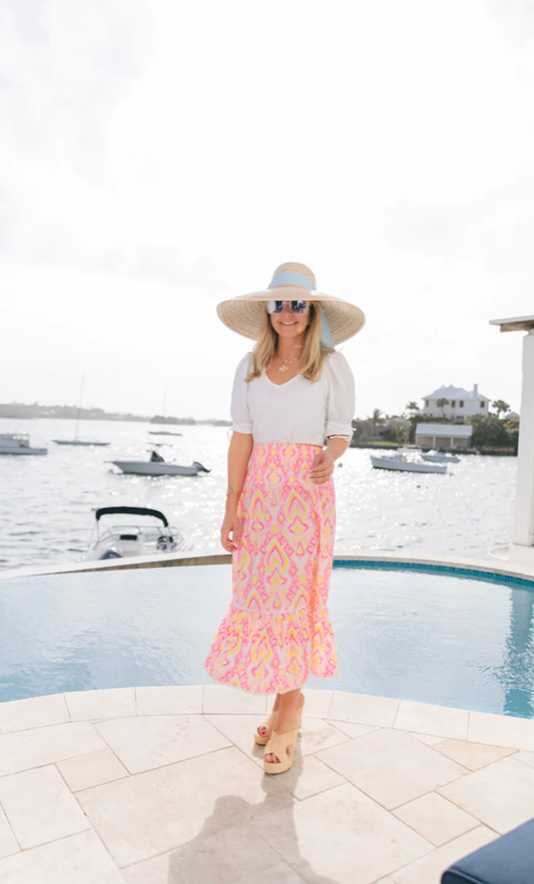 Sail to Sable Pink Ikat Print Smocked Waist Midi Skirt