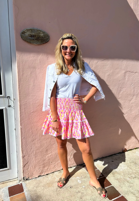 Sail to Sable Pink Ikat Print Smocked Waist Mini Skirt