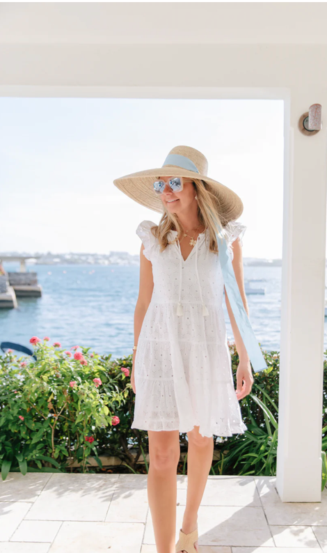 Sail to Sable White Floral Eyelet Ruffle Neck Dress with Tassels