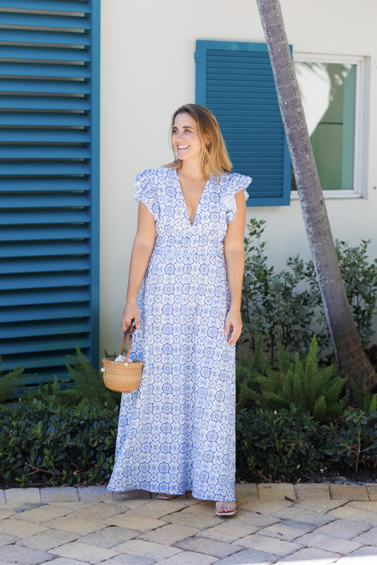 V-Neck Flutter Sleeve Maxi