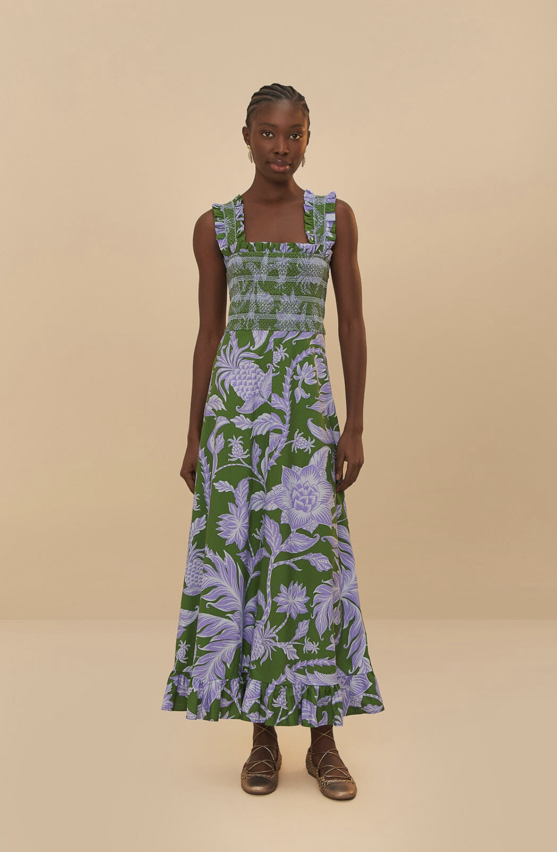 Tropical Swing Green Sleeveless Midi Dress