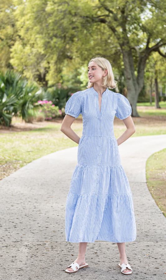 Blue & White Stripe Short Sleeve Midi Dress - SP25617