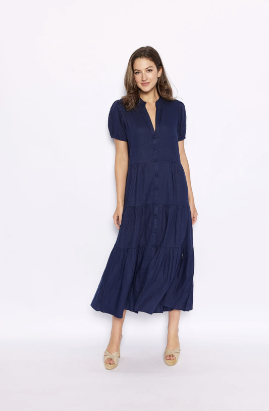 Navy Puff Sleeve Maxi Shirt Dress Sp25517