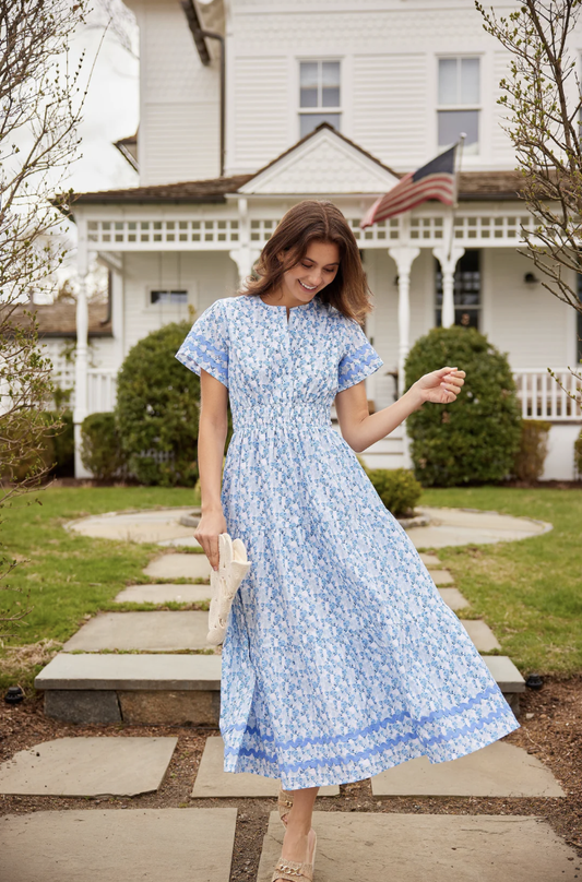 Ditsy Floral Cinched Waist Midi Dress with Ric-Rac SP2517