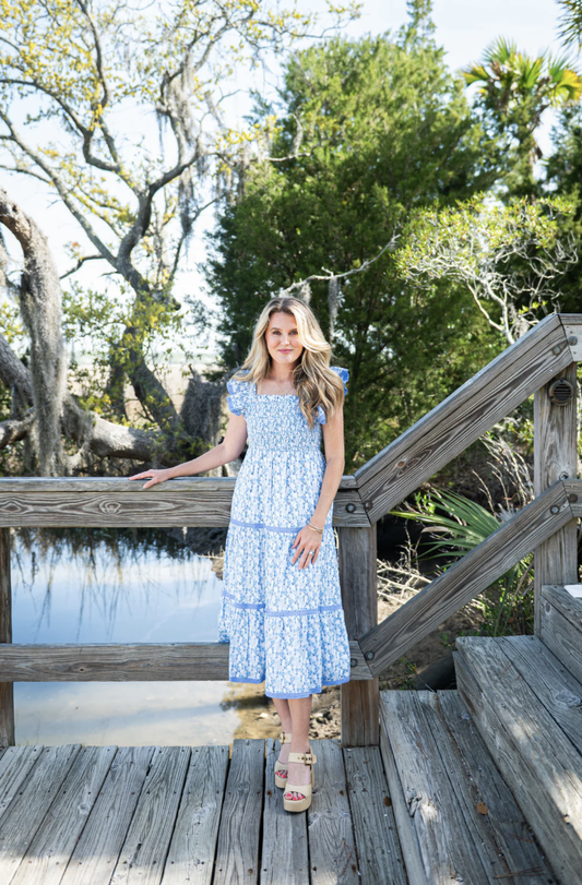 Ditsy Floral Flutter Strap Smocked Midi Dress SP25128