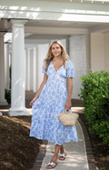 Blue & White Rose Printed Eyelet V-Neck Midi Dress SU25119