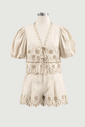 Eyelet Detail Puff Sleeve Tie Front Top