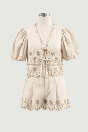 Eyelet Detail Puff Sleeve Tie Front Top