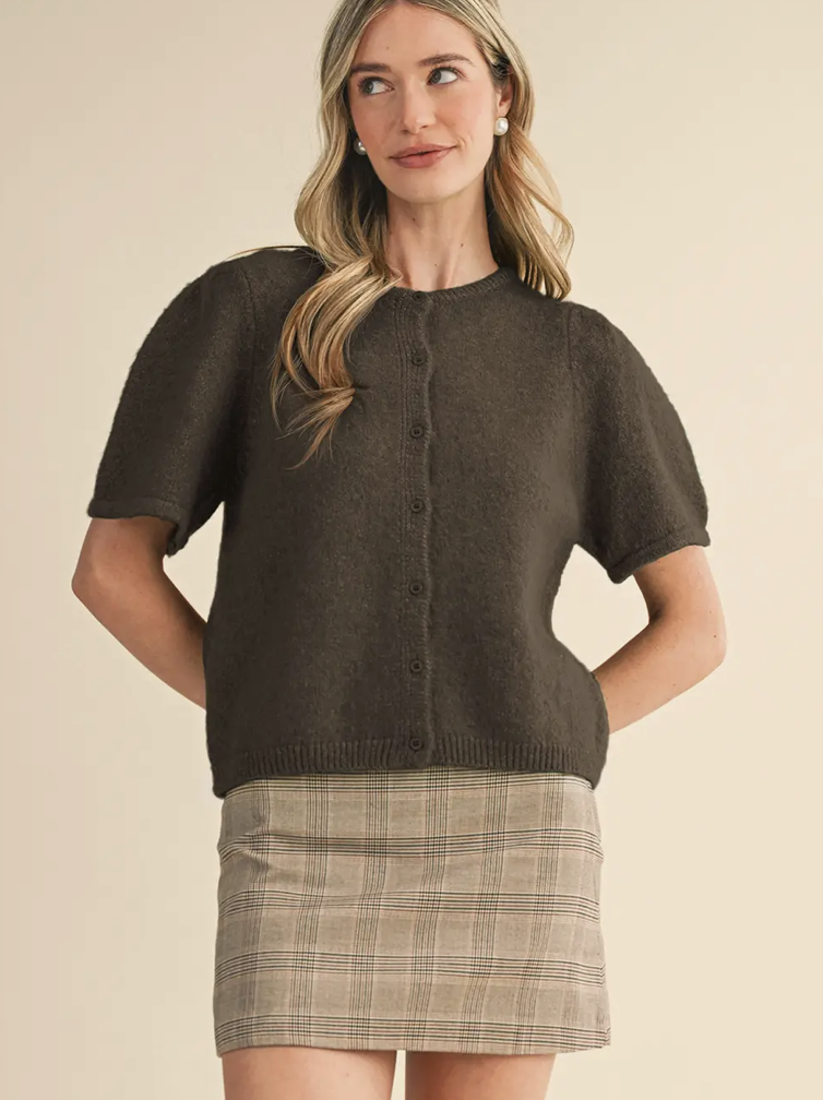 Short Puff Sleeve Sweater Cardigan