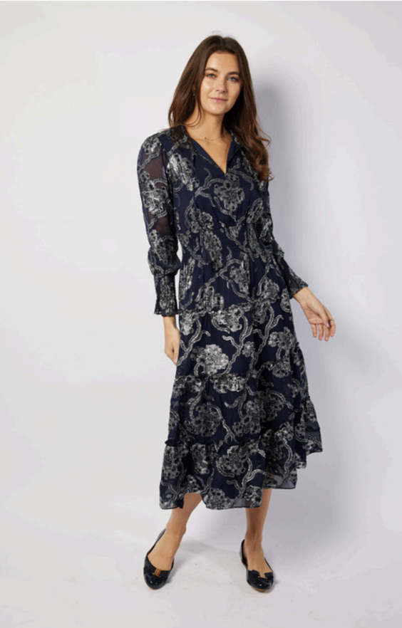 Long Sleeve Smocked Waist Midi Dress H2572N