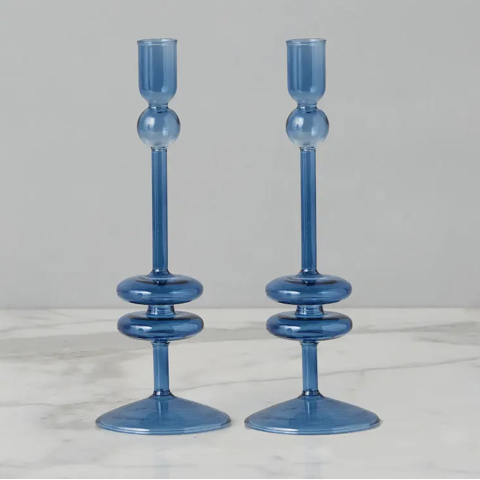 Sapphire  Glass Candlestick Pair