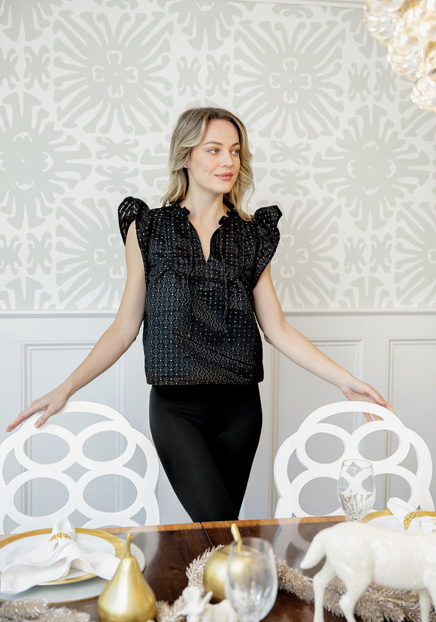 Black & Gold Jacquard Ruffle Sleeve Top | H25116