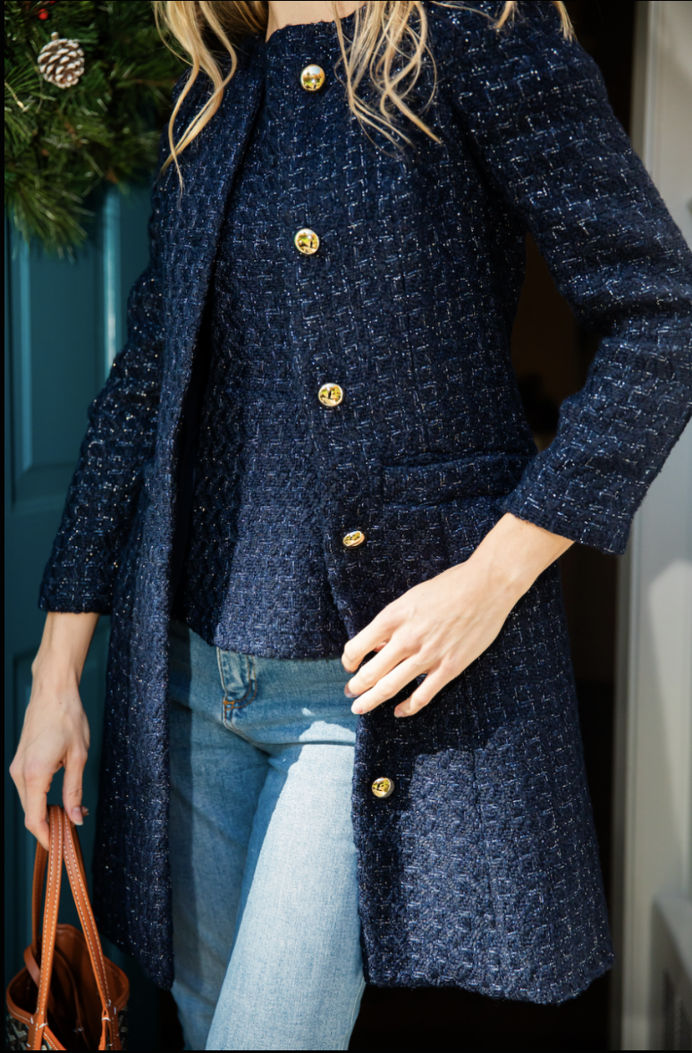 Navy Metallic Tweed Button Front Coat | H2528