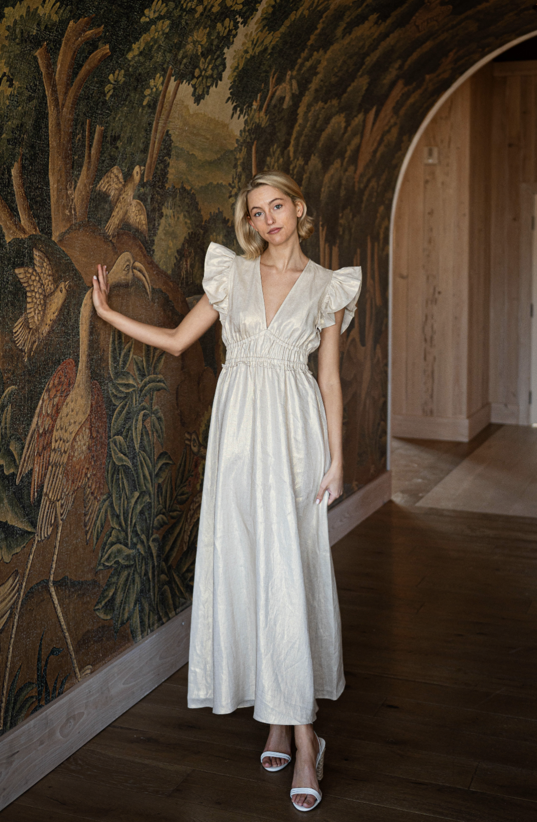 Gold V-Neck Flutter Sleeve Maxi Dress  SP25224