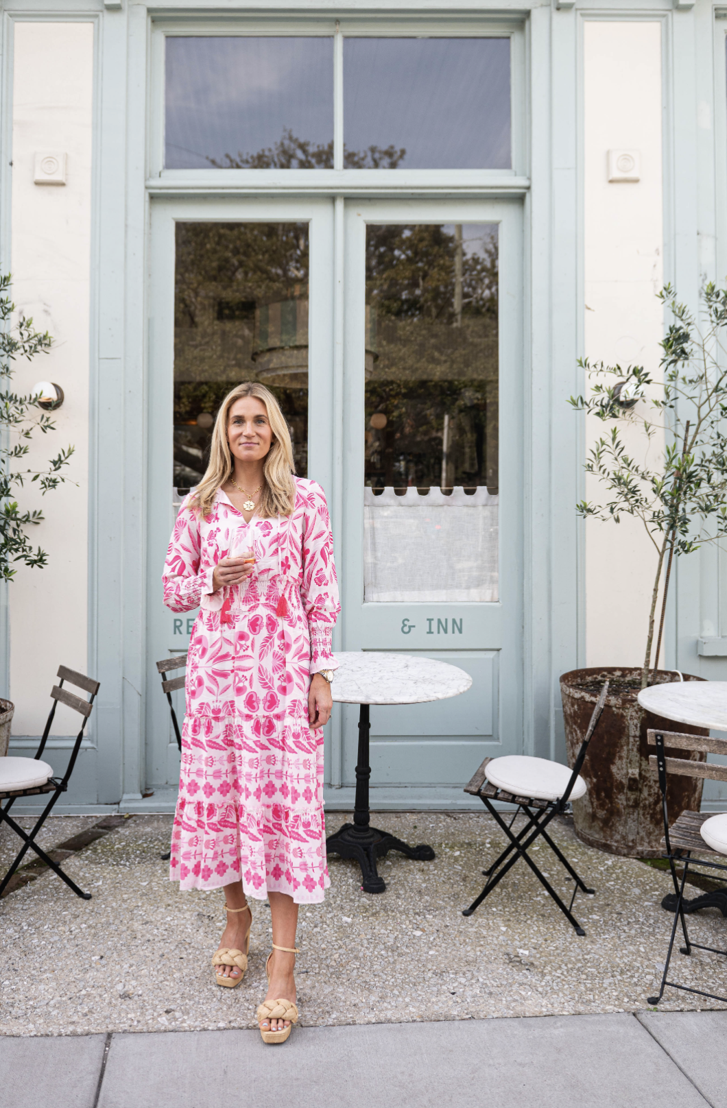 Blush Geo Floral Long Sleeve Smocked Waist Midi Dress R2472