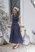 Sleeveless Smocked Shirred Waist Midi Dress