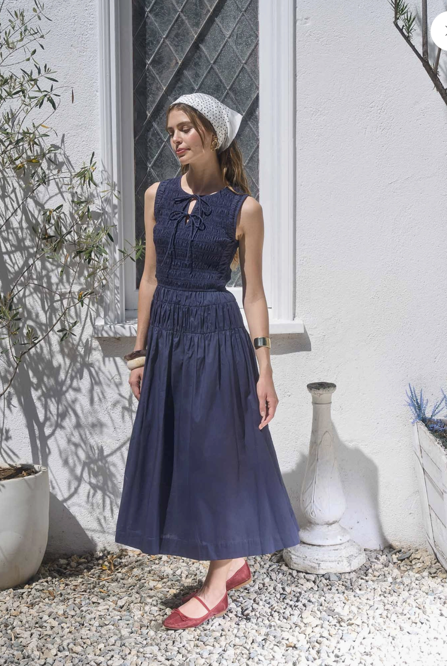 Sleeveless Smocked Shirred Waist Midi Dress