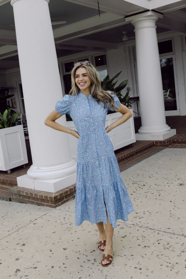 Blue Floral Tile Puff Sleeve Maxi Shirt Dress