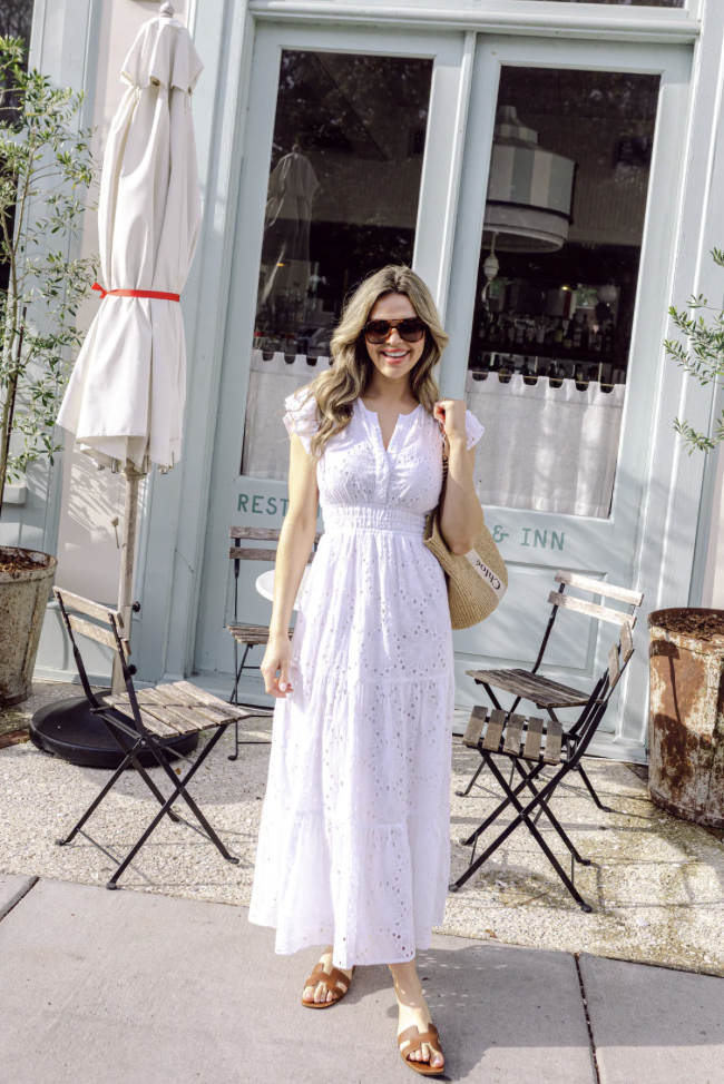 Sail to Sable White Eyelet Flutter Sleeve Button Front Midi Dress White / XL / SP2620 Sail to Sable White Eyelet Flutter Sleeve Button Front Midi Dress White / XL / SP2620