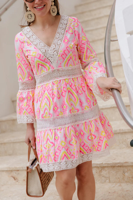Sail to Sable Pink Ikat Print Bell Sleeve Dress with Lace