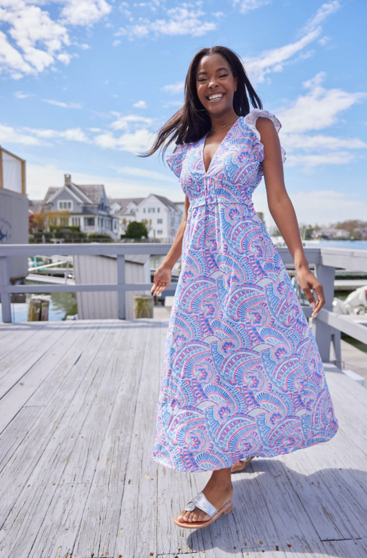 Sail to Sable Kaleidoscope Print Flutter Sleeve V-Neck Maxi Dress