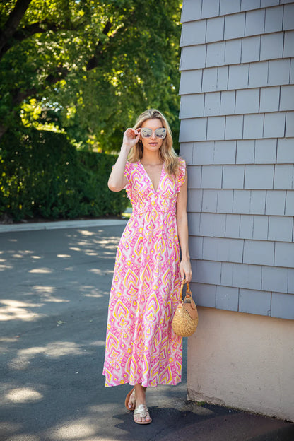 Sail to Sable Ikat V Neck Flutter Sleeve Maxi Dress