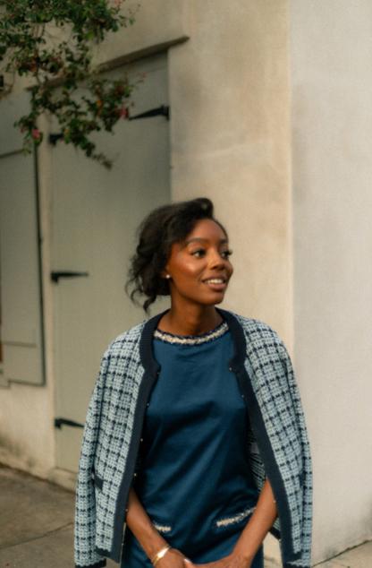 Sail to Sable x Venita Aspen Navy & Faded Denim Tweed Cardigan