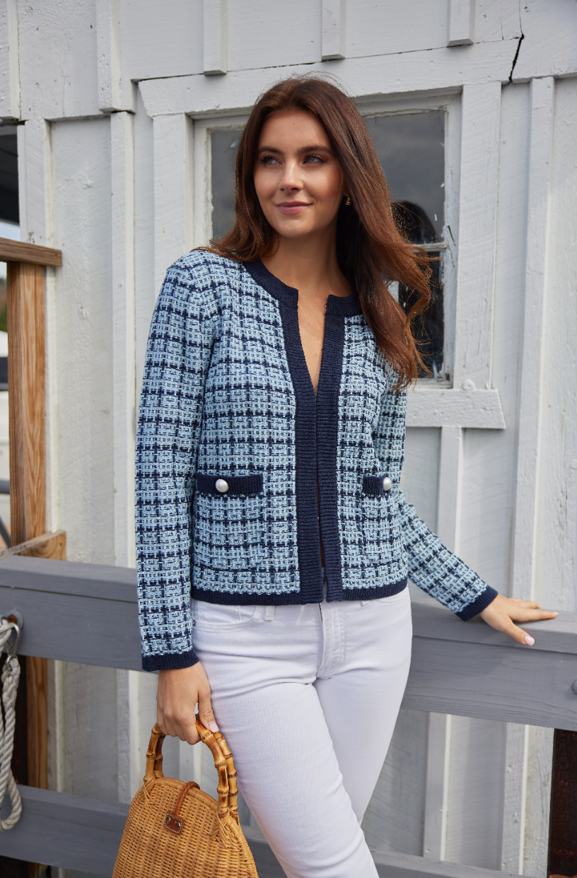 Sail to Sable x Venita Aspen Navy & Faded Denim Tweed Cardigan