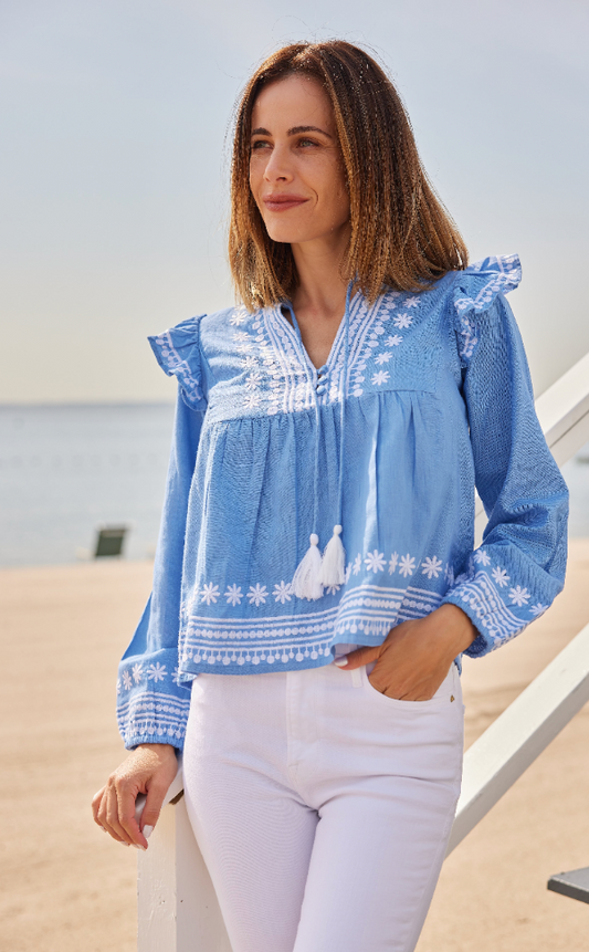 Embroidered Marina Ruffle Front Blouse with Tassels