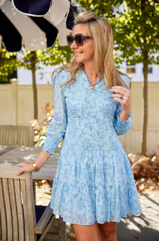 Sky Baroque Floral Long Sleeve Tunic Flare Dress