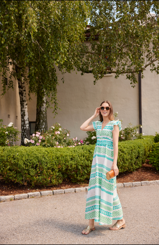 Blue Ikat Flutter Sleeve V-Neck Maxi Dress