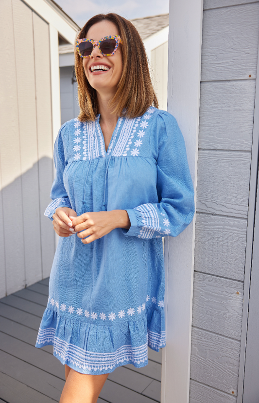 Embroidered Marina Long Sleeve Ruffle Hem Dress