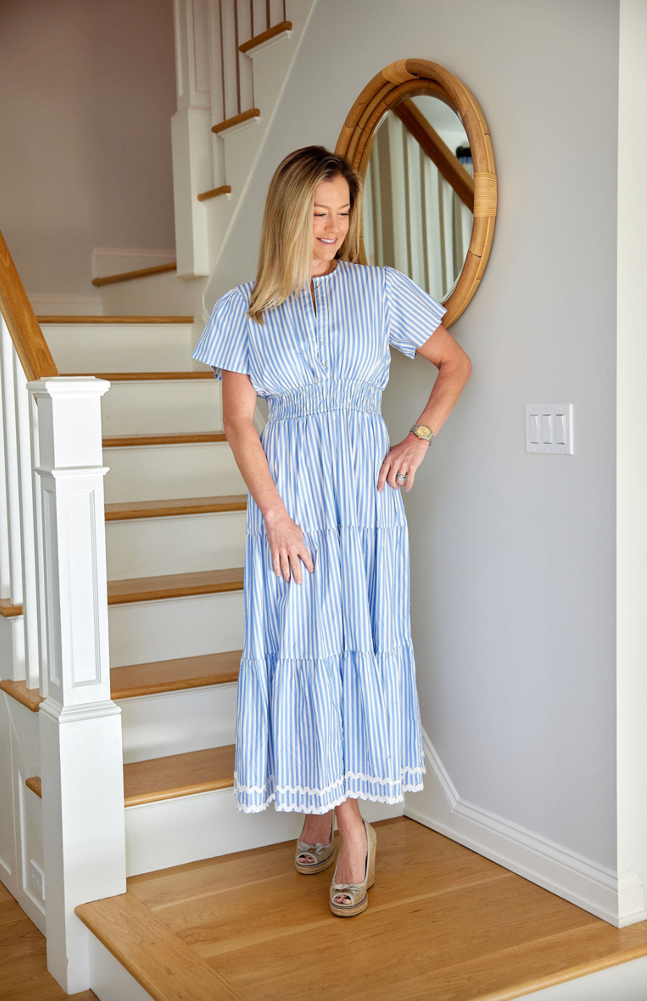 Sail to Sable  BLUE & WHITE STRIPED CINCHED WAIST MIDI DRESS