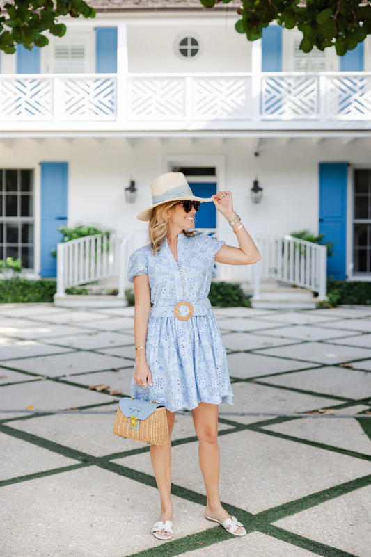 Hydrangea Shell Printed Eyelet Belted Tunic Dress - PBSP2503