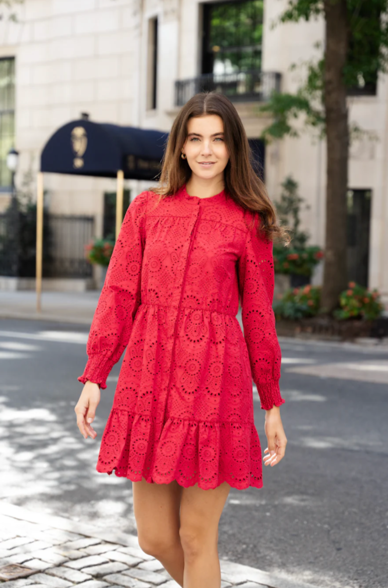 Eyelet Long Sleeve Cinched Waist Dress - F2509