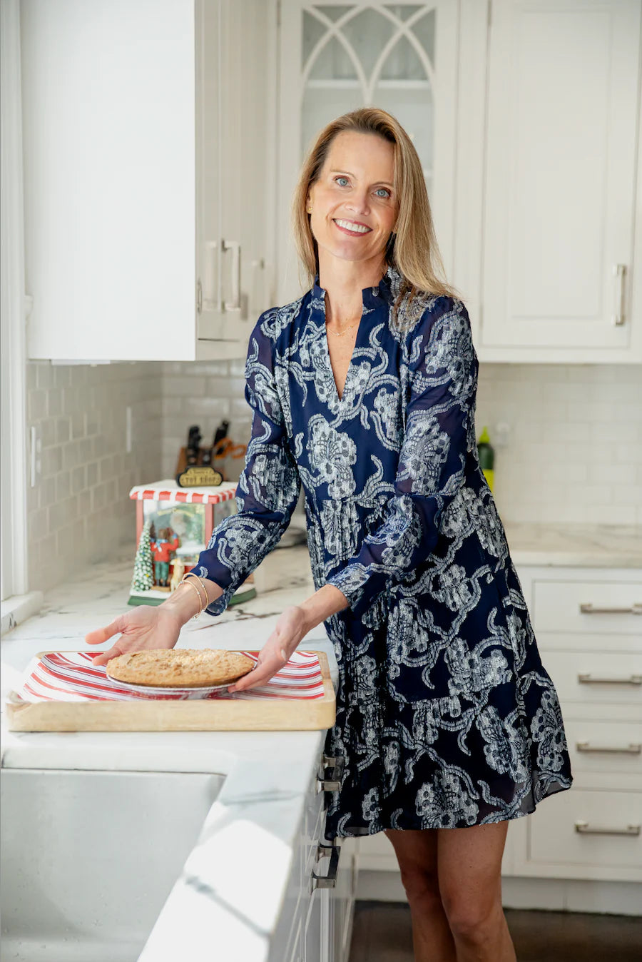 Navy Metallic Long Sleeve Tunic Flare Dress - H2503N