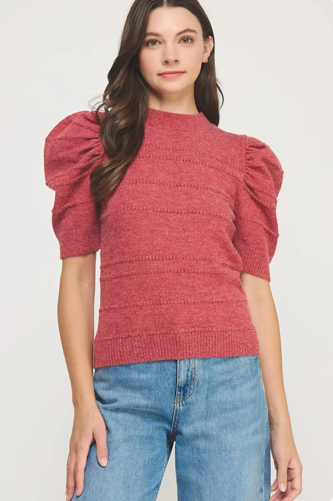 Mock Neck Puff Sleeve Sweater Top