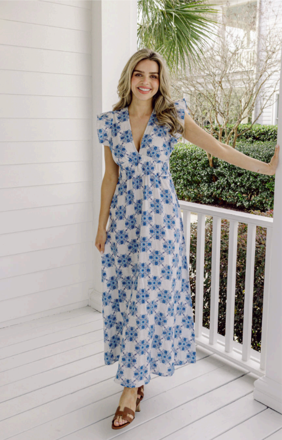 V-Neck Flutter Sleeve Maxi