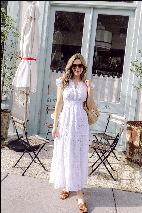White Eyelet Flutter Sleeve Button Front Midi Dress (all sizes)