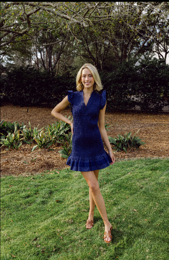 Navy Flutter Sleeve Smocked Mini Dress (all sizes)