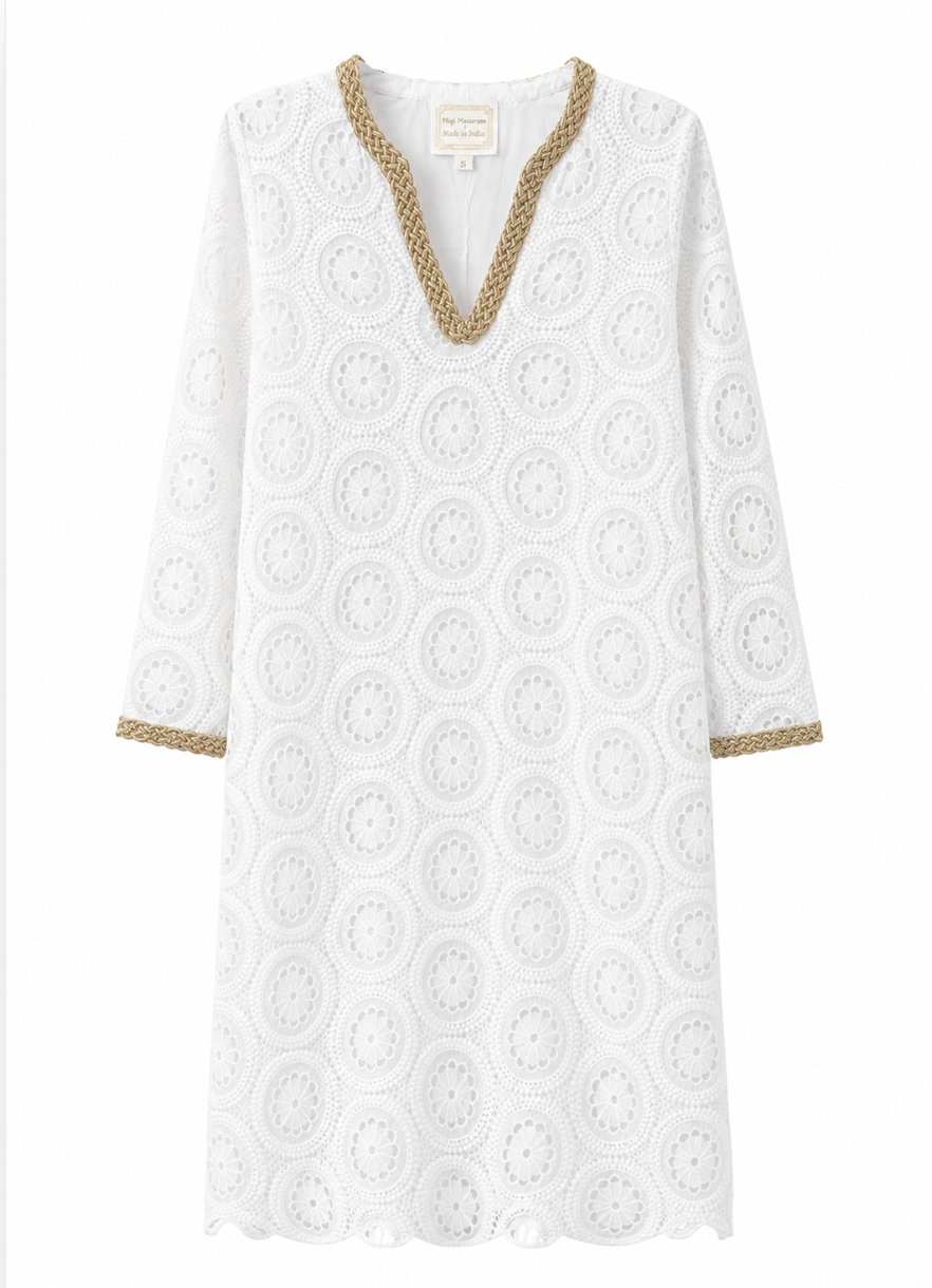 SAMPLE White Eyelet Maxi Dress With Gold Detail (XS)