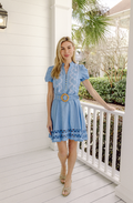 Blue Belted Embroidered Puff Sleeve Tunic with Ric-Rac