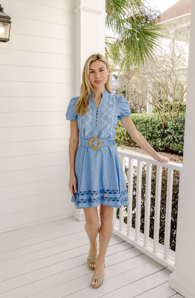 Blue Belted Embroidered Puff Sleeve Tunic with Ric-Rac